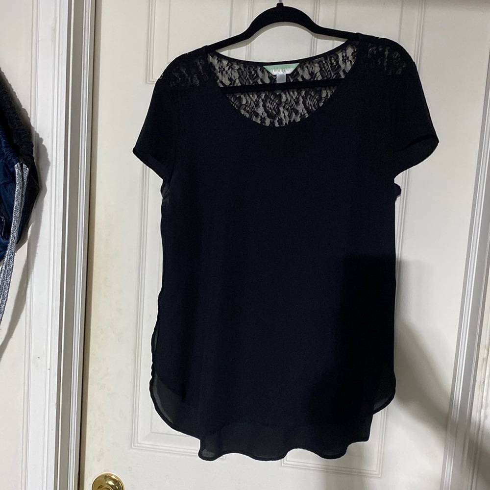 Decree blouse sheer with lace panel on back shoulder area